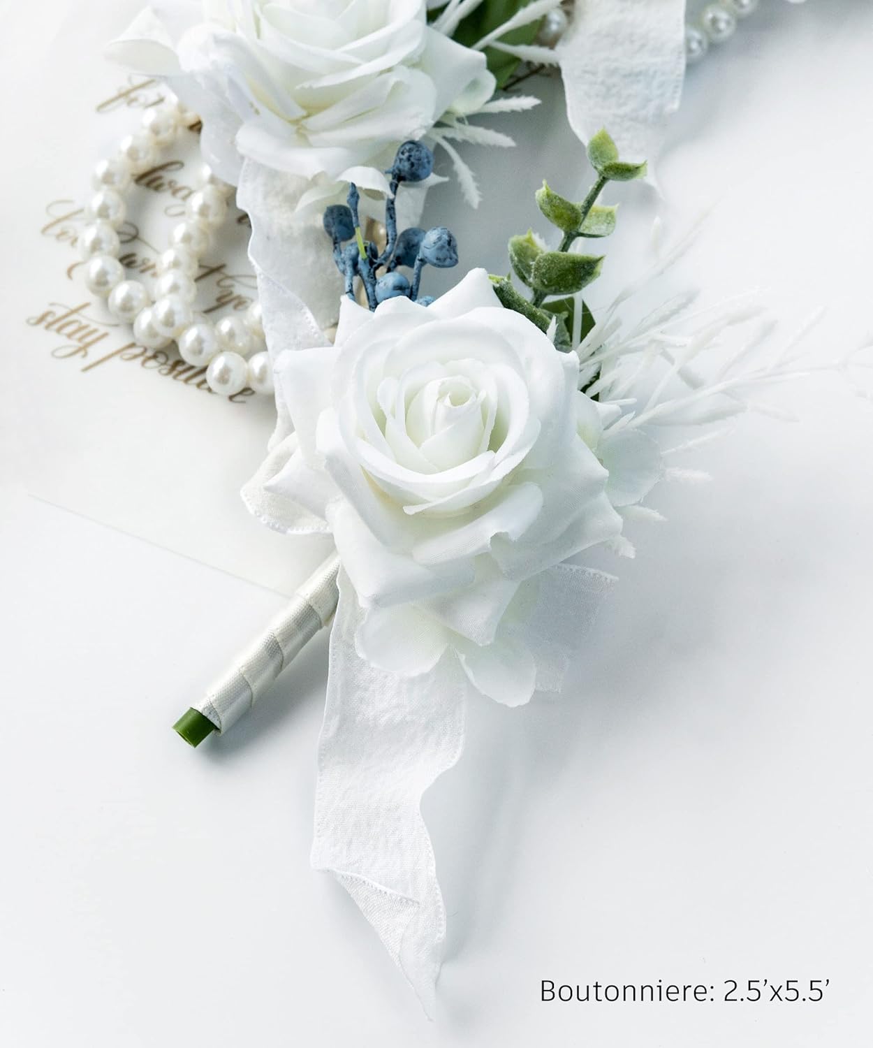 Juego De Ramillete De Muñeca Y Boutonniere Para Boda - Rosas Marfil Y Azul Polvoriento - Estilo Vintage Francés