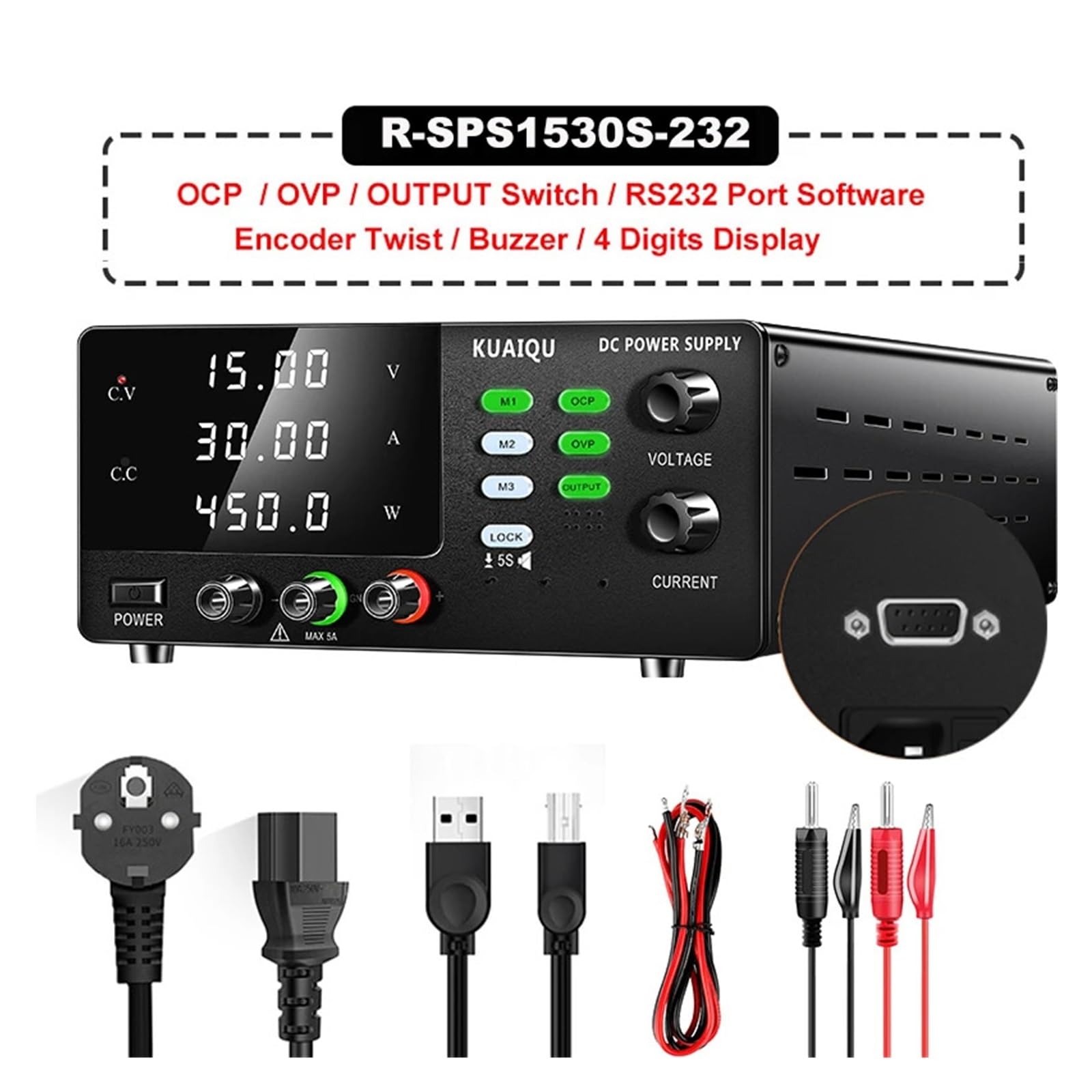 Programowalny zasilacz DC o dużym napięciu, 60 V, 10 A, 30 V, 30 A, 15 V, 30 A, z wyłącznikiem wyjściowym OCP-OVP (15 V, 30 A, 450 w-232, 220 V)