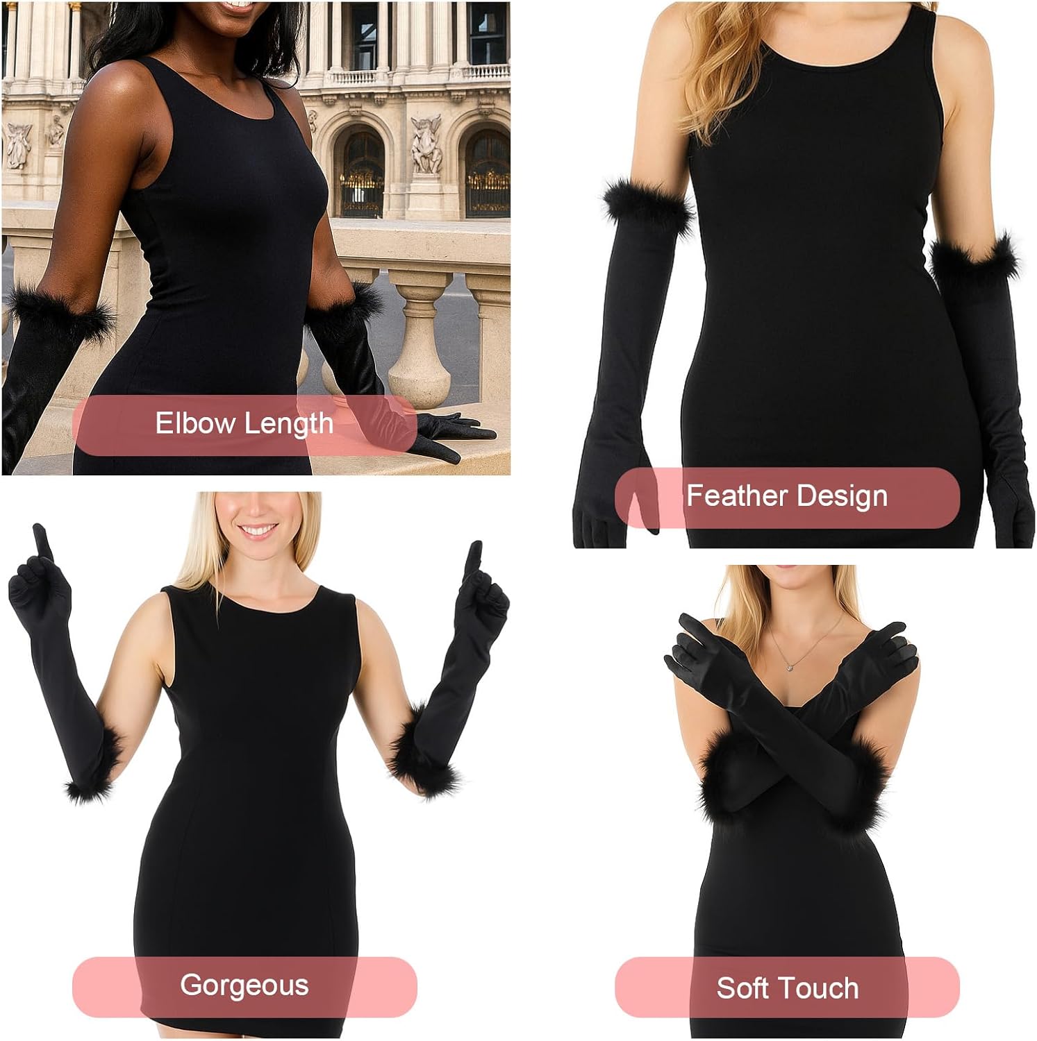 Elegant 1920s Style Long Satin Opera Gloves with Feather Trim, Stretchy Elbow-Length Evening Glove, Long Black Gloves for Wedding, Halloween, Costume Parties & Pageants - Image 5