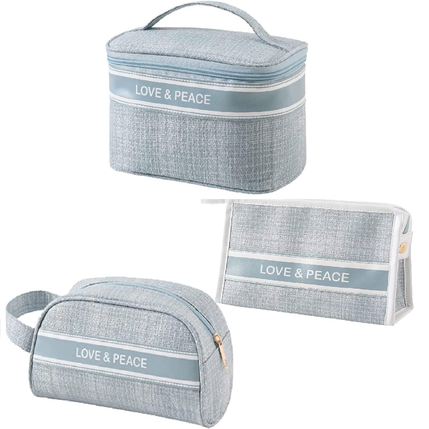 Makeup Travel Pouch Set of 3 – Cosmetic & Toiletry Bags for Brushes and Cosmetics, Love & Peace Design (Sky Blue)-image-49