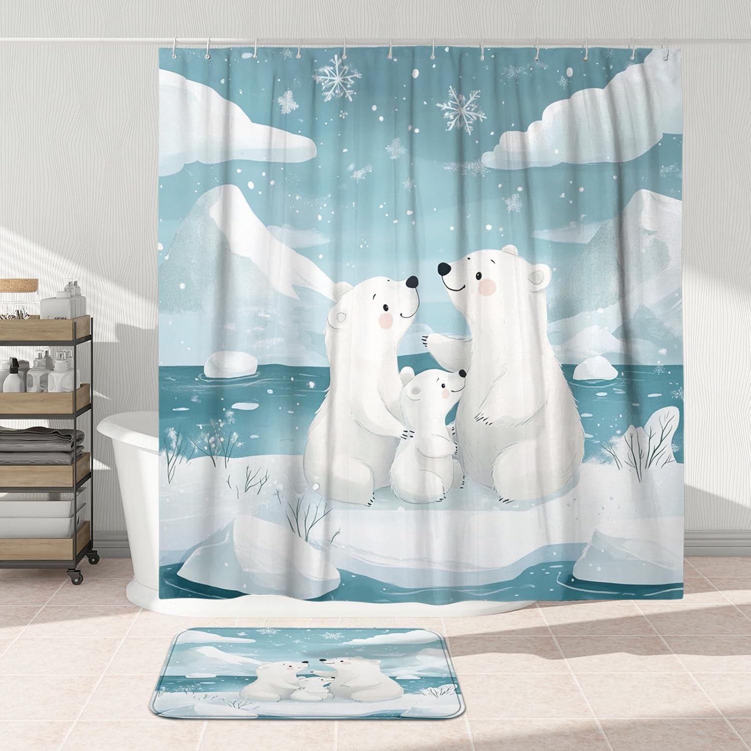 3PCS Winter Snow Polar Bear Family Bathroom Accessory Set with Two Non-Slip Washable Bath Rugs (16x24&20x32), Fun Cartoon Animal Bathroom Mat Decorative-72''x72'''