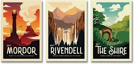 KKMM Lord of the Rings Retro Travel Posters Set of 3 Vintage Poster LOTR Canvas Print Modern Wall Decor for Bedroom 30x45cm 3 Pieces
