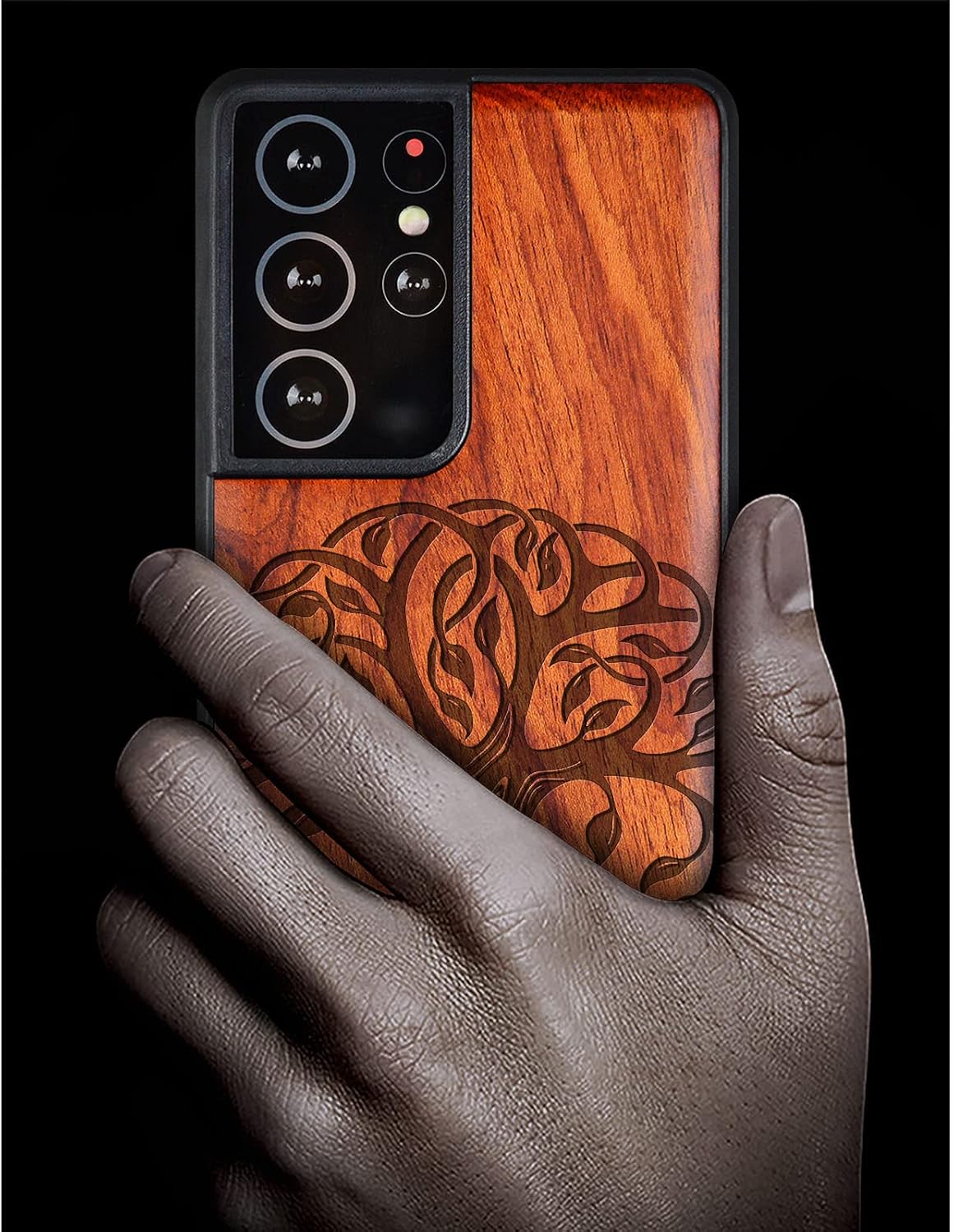Carveit Wood Case for Galaxy S21 Ultra Case [Hard Real Wood & Black Soft TPU] Shockproof Hybrid Protective Unique Wooden Cover Compatible with Samsung S21 Ultra (Celtic Tree of Life-Rosy)