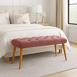 Banqueta Retangular Classic Pés De Madeira Capitonê Estofada Quarto Suede (Rosa)