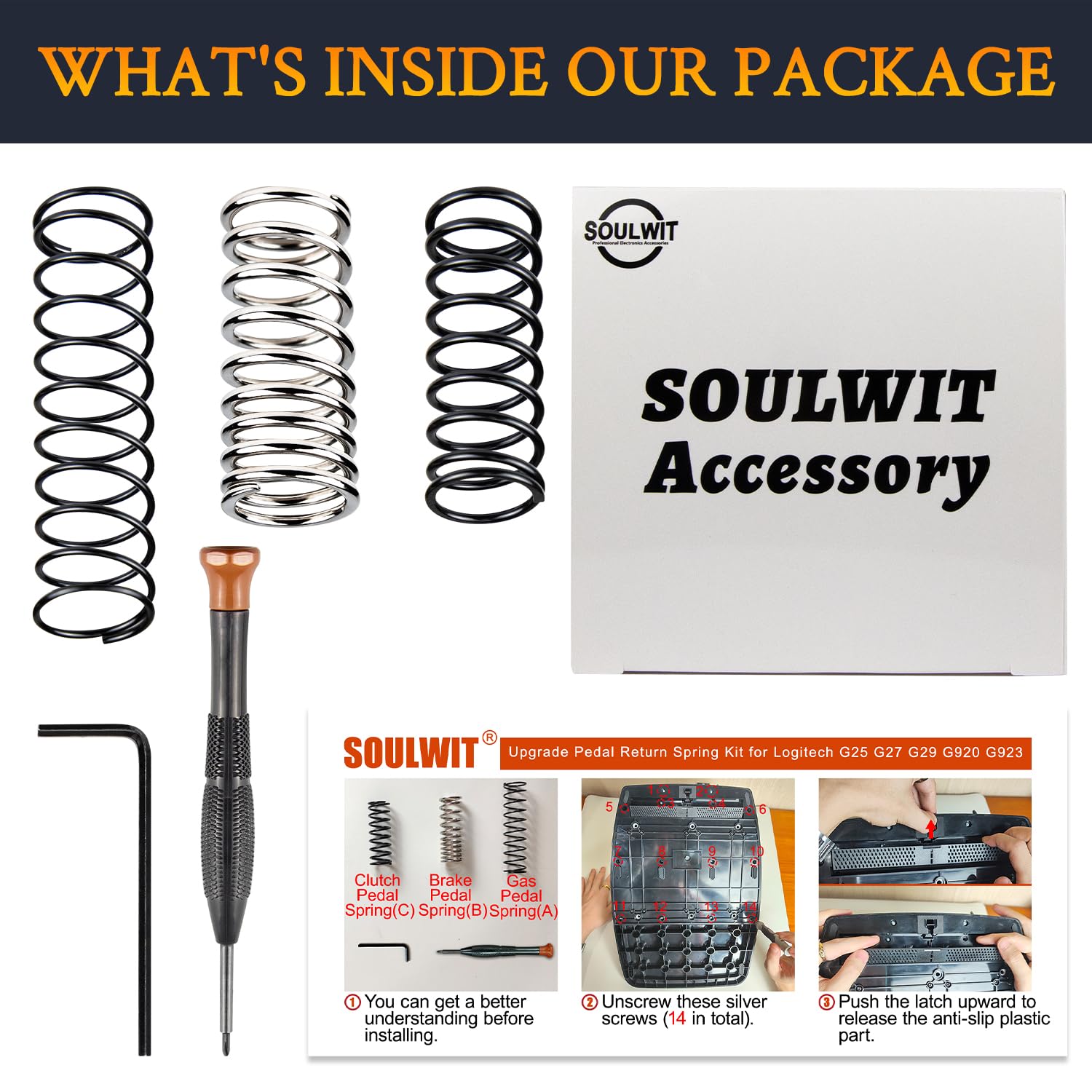 SOULWIT 3 Pezzi Ritorno Molla del Pedale Volante Corsa per Logitech G25/G27/G29/G920/G923 - Freno, Acceleratore, Frizione Molle in Acciaio al Manganese - 1Argento + 2Nero