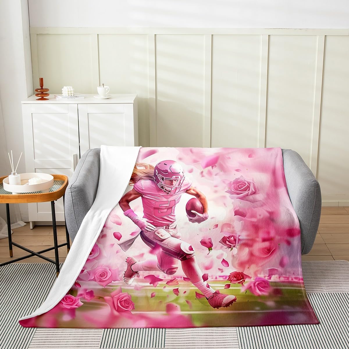 Pink Rose Flowers Fleece Blanket,Cool Girl Football Sports Throw Flannel Blanket for Room Decor,Rugby Game Lightweight Blanket for Sofa Couch,Queen 90"x90"