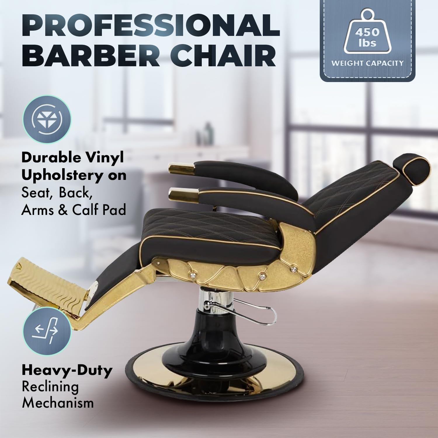 Buy-Rite Zeus Professional Heavy-Duty Barber Chair - Extra Wide Seat, Adjustable Headrest, Gold Metal Frame, Gold Diamond Stitching, Black Vinyl Upholstery - Model YLG-8776-7GD