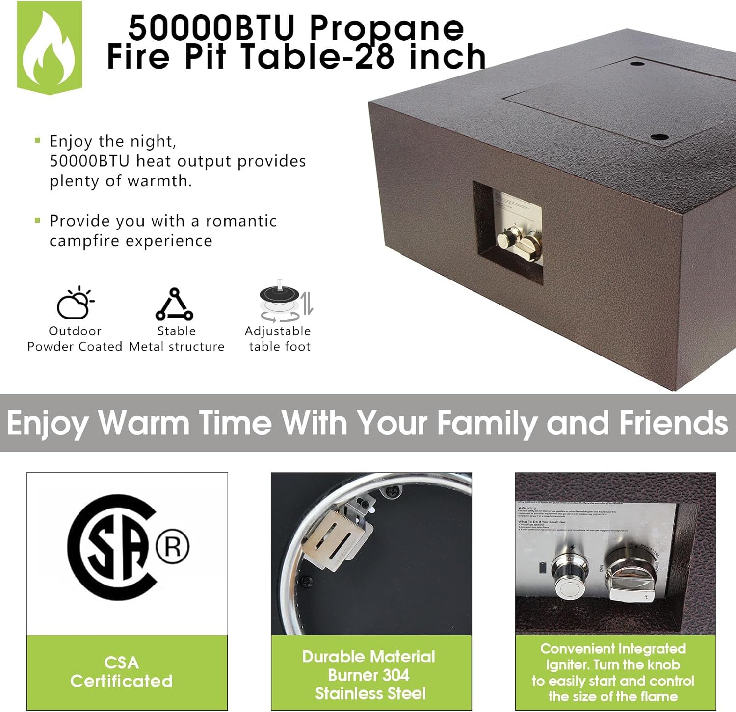 Propane Fire Pit Table, 28-inch Square Propane Gas Fire Pit with Lid, with Lava Rock, 50,000 BTU Steel Outdoor Gas Fire Pit Table, 2-in-1 Fire Table, Suitable for Outdoor Patios, Parties, Gardens