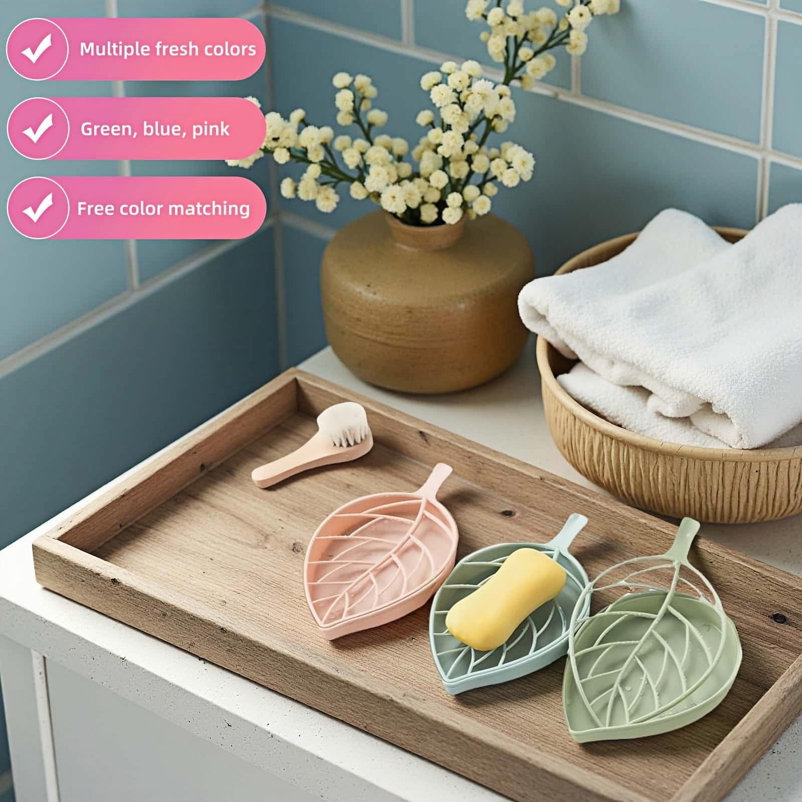 Juego de jabonera en forma de hoja, 2 niveles con soporte para jabón, diseño de hojas, montaje en pared sin taladro, organizador de baño desmontable para fregadero de ducha (verde pastel, azul/rosa) 4