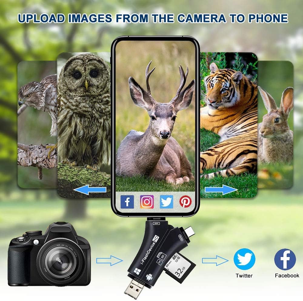 Trail Camera Viewer SD Card Reader, 4 in 1 Hunting Deer Camera Memory SD Card Reader to View Wildlife Scouting Game Camera Hunting Photos or Videos on Smartphone for iPhone IPad Mac or Android