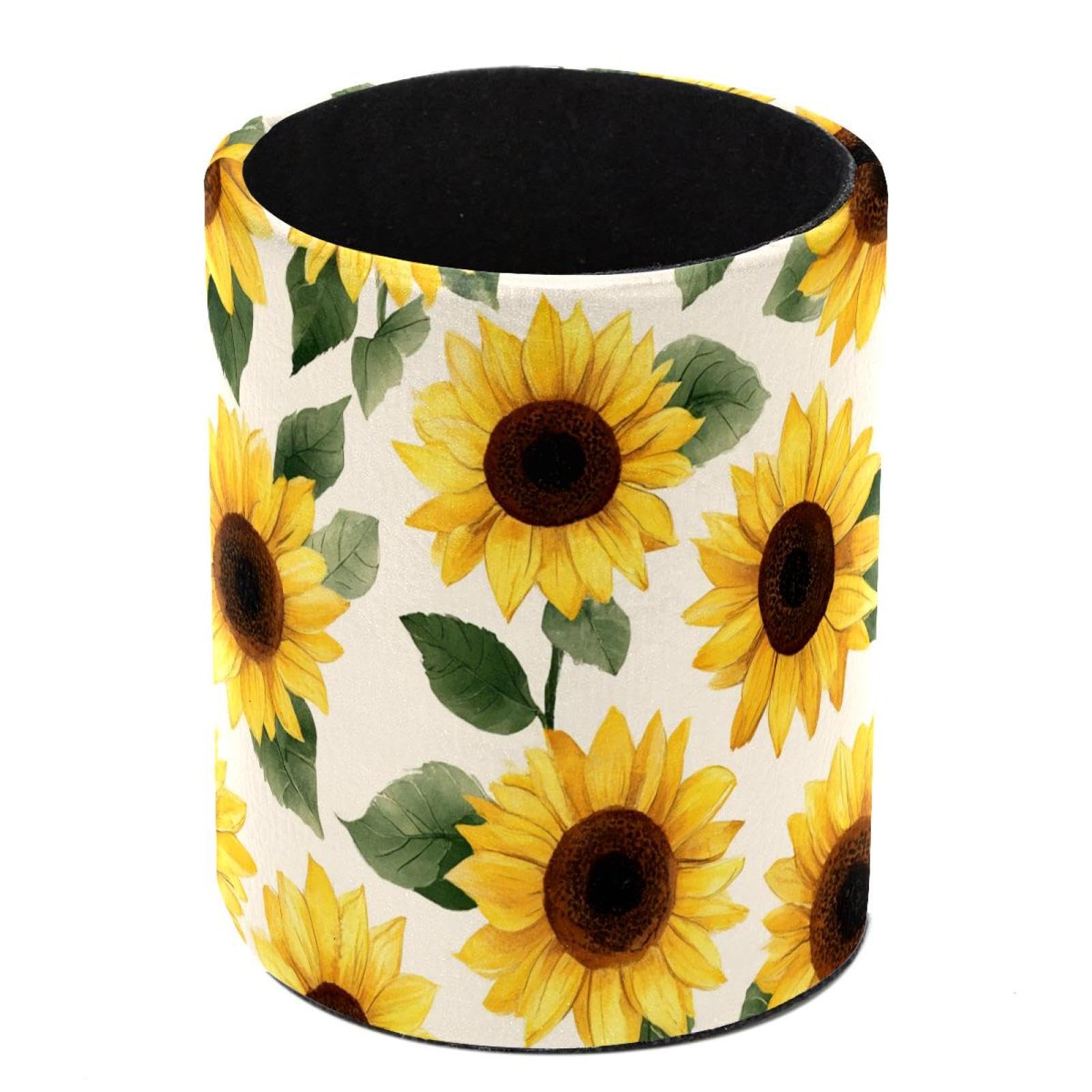 HEOEH Sunflowers Pen Holder for Desk, PU Leather Pencil Holder Pen Cup Marker Holder Makeup Brush Holders, Desk Accessories & Workspace Organizers for Home, Office