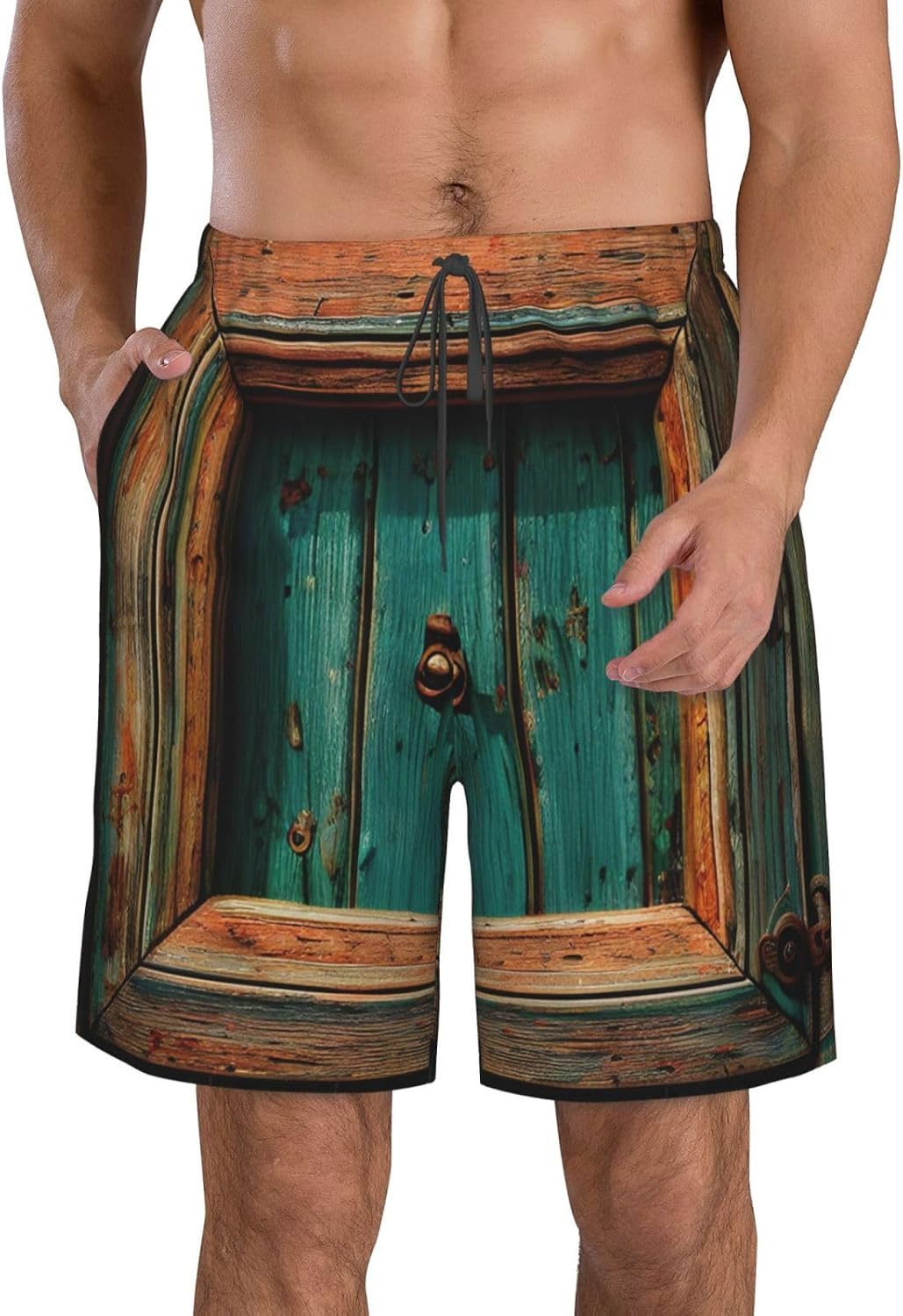 Mens Rustic Antique Wooden Door Print Beach Shorts,Casual Summer Shorts for Men,Quick Dry Polyester