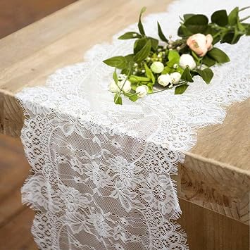 4 Pcs White Lace Table Runners 14 x 120 Inch Vintage Table Runner for Wedding Bridal Shower Baby Shower Party Table Decoration Rustic Rose Embroidered Boho Table Runner
