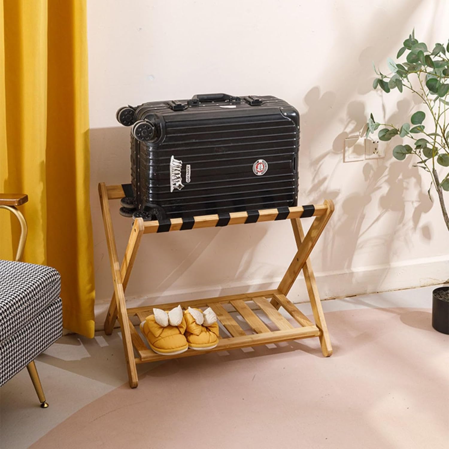 Natural Bamboo Luggage Racks, Portable Suitcase Stand with Bottom Shelf, Easily Assembly Folding Luggage Stand for Guest Room Must Haves, Bedroom, Hotel