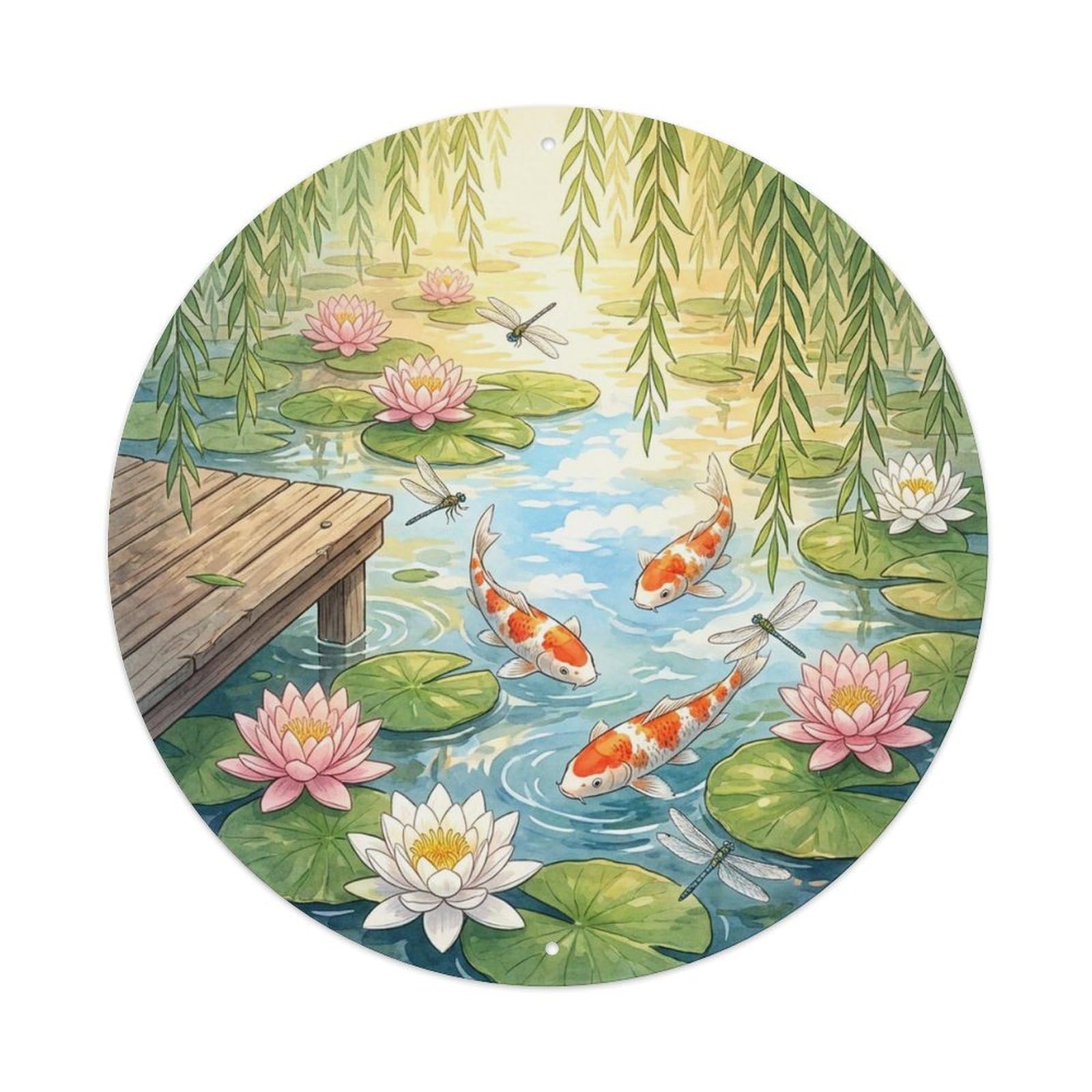 Olyhtr 8X8inch Classic Style Water Lily Koi Pond Garden Summer Japanese Metal Tin Sign