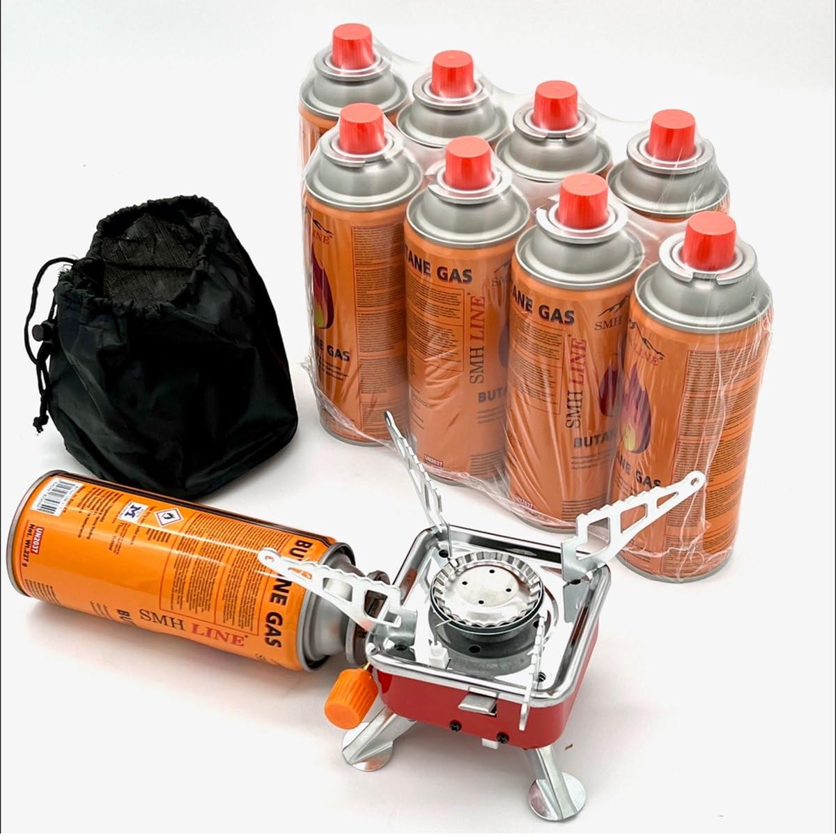 SMH LINE® Mini hornillo de camping con 8 cartuchos de gas, plegable, 2800 W, ligero y portátil, para actividades al aire libre, picnic, viajes, camping, bolsa de almacenamiento