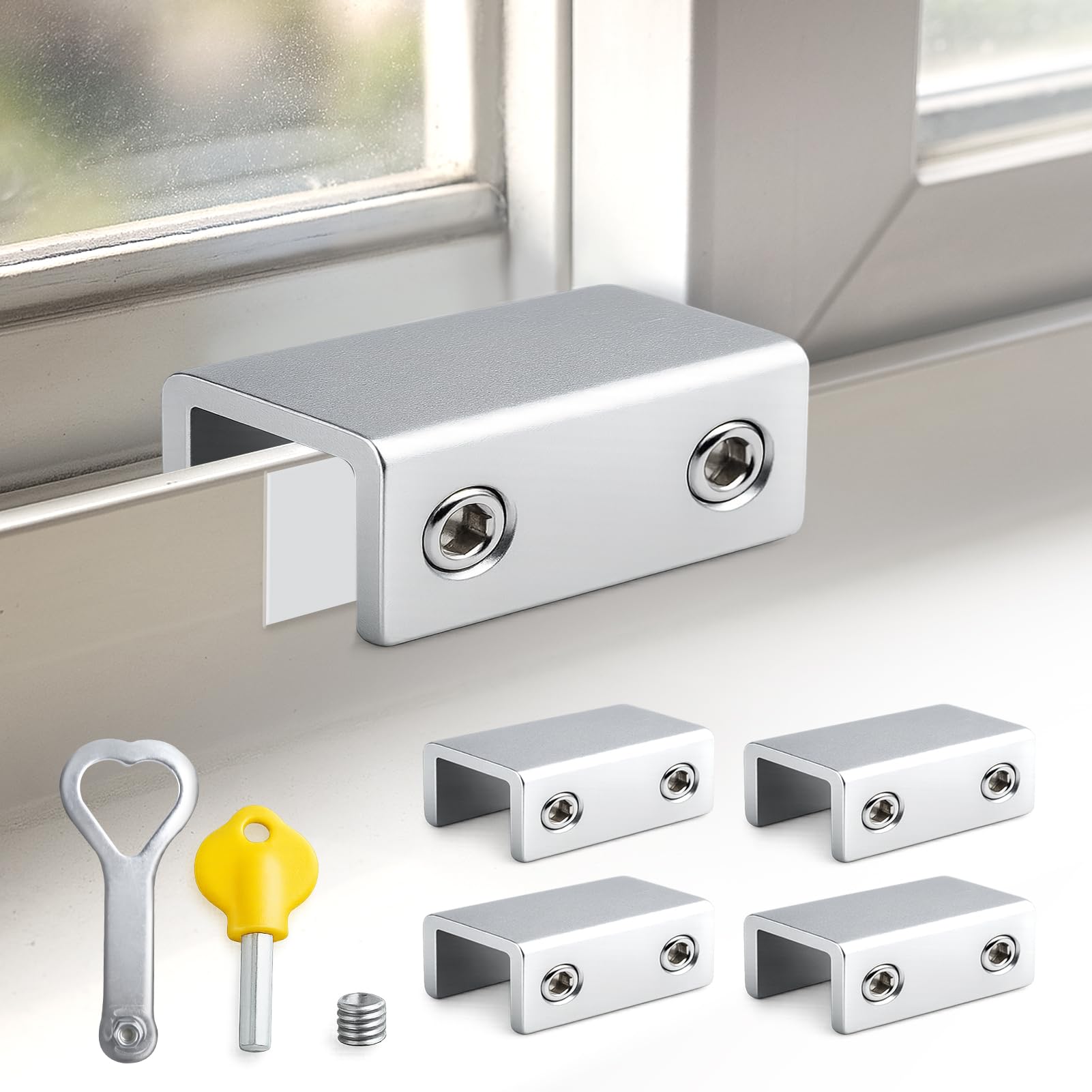 LEONTOOL 4 Sets Sliding Window Locks with Anti-Scratch gaskets Security Lock and Key Adjustable Aluminum Window Stopper for Width 12 to 15mm Easy Installation Without Drilling