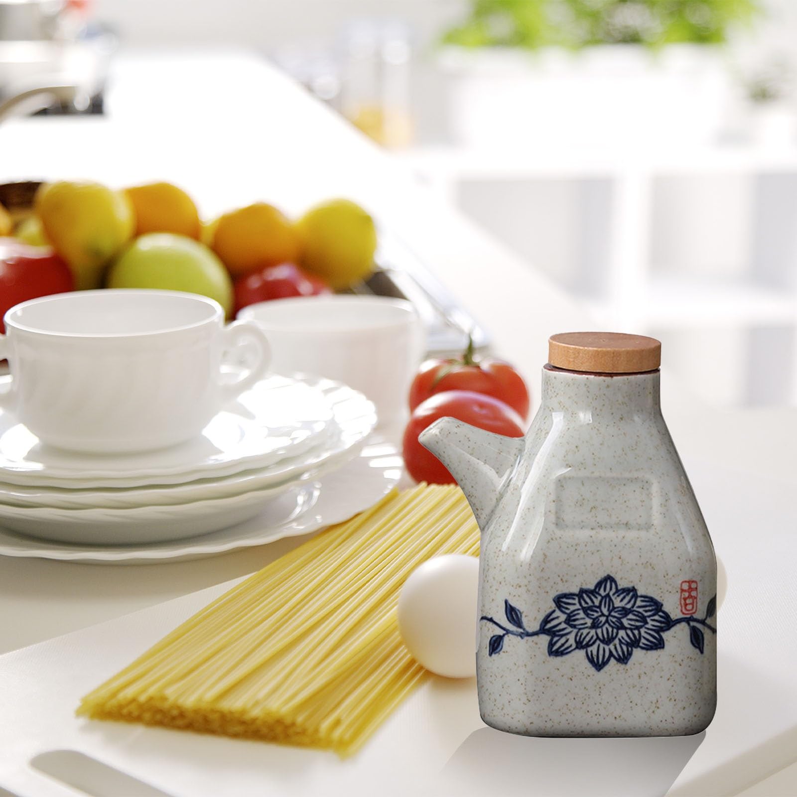 Dispensador de aceite y vinagre de cerámica, recipiente líquido de salsa de soja con tapón de corcho, botella de especias de cocina, perfecto para aderezos y cocinar, capacidad de 500 ml