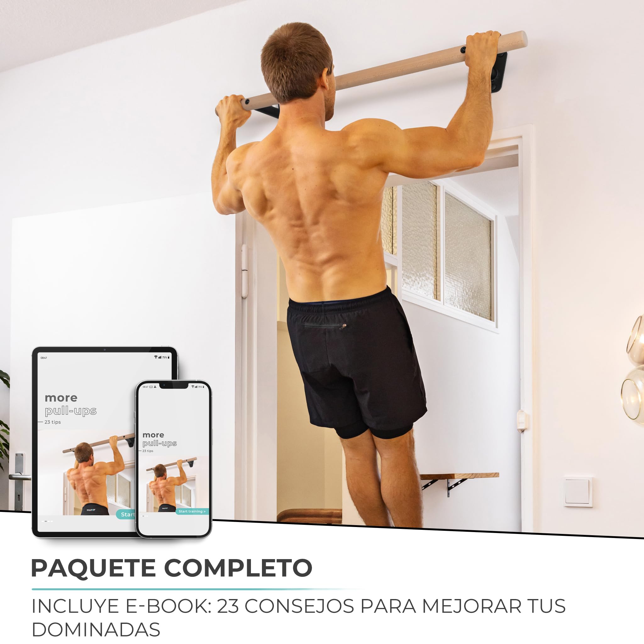 PULLUP & DIP barra de dominadas de madera de haya – para montar en pared sobre el marco de la puerta – barra de 40 mm para dominadas y fuerza de agarre – barra de pared para gimnasio en casa