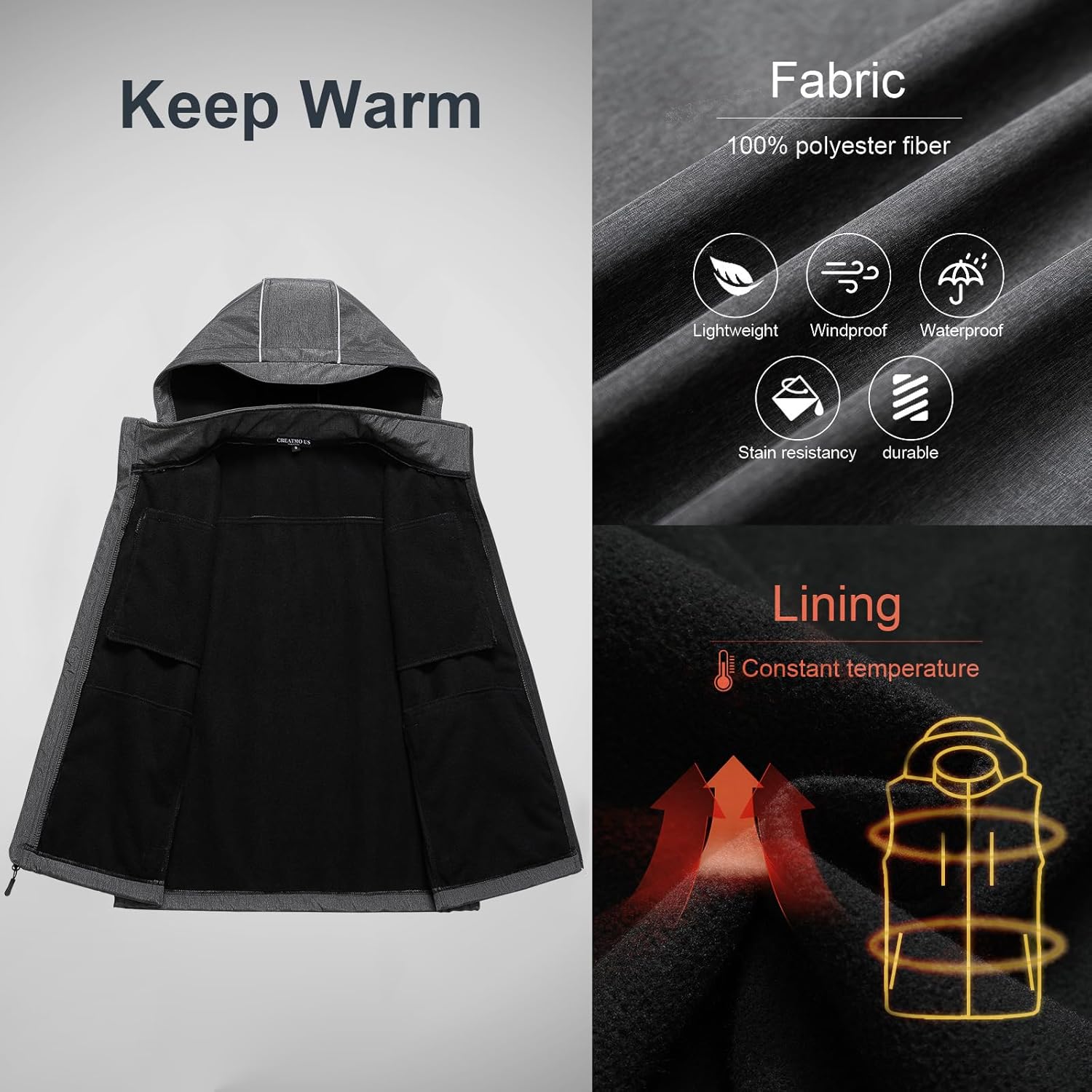 CREATMO US Men's Casual Lightweight Warm Thin Outerwear Vest Windbreaker Sleeveless Jacket With Removable Hood - Image 3