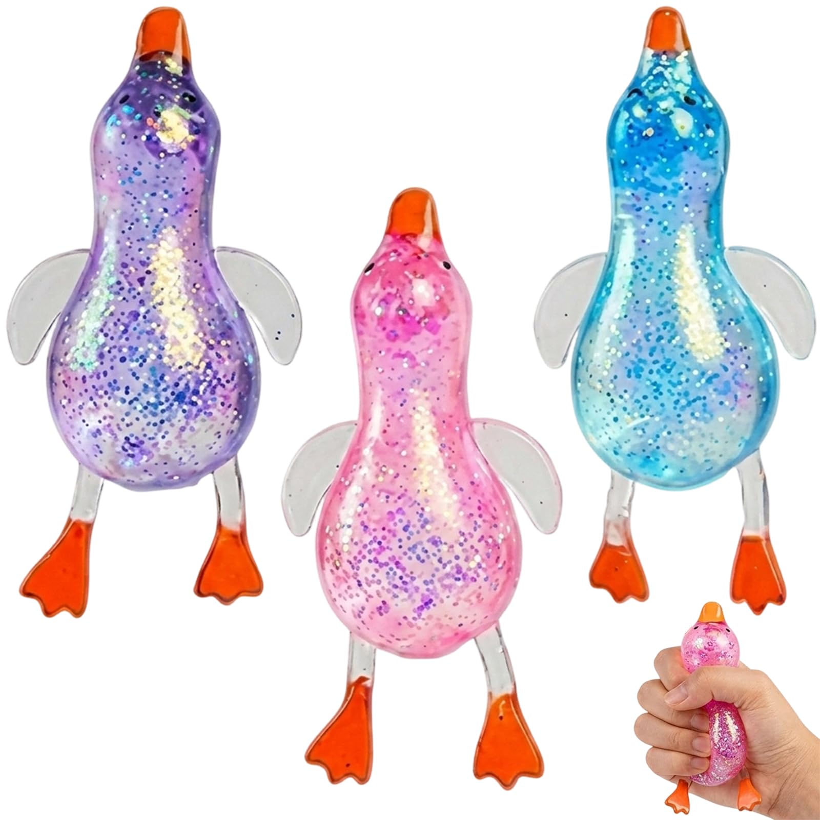 WaaRiuQ 3 Pcs Duck Squishy, Squishy Duck, Funky Fidgets, Squish A Longs Glitter Stress Balls, Set of Random Colour Sensory Toys for Relaxation and Focus