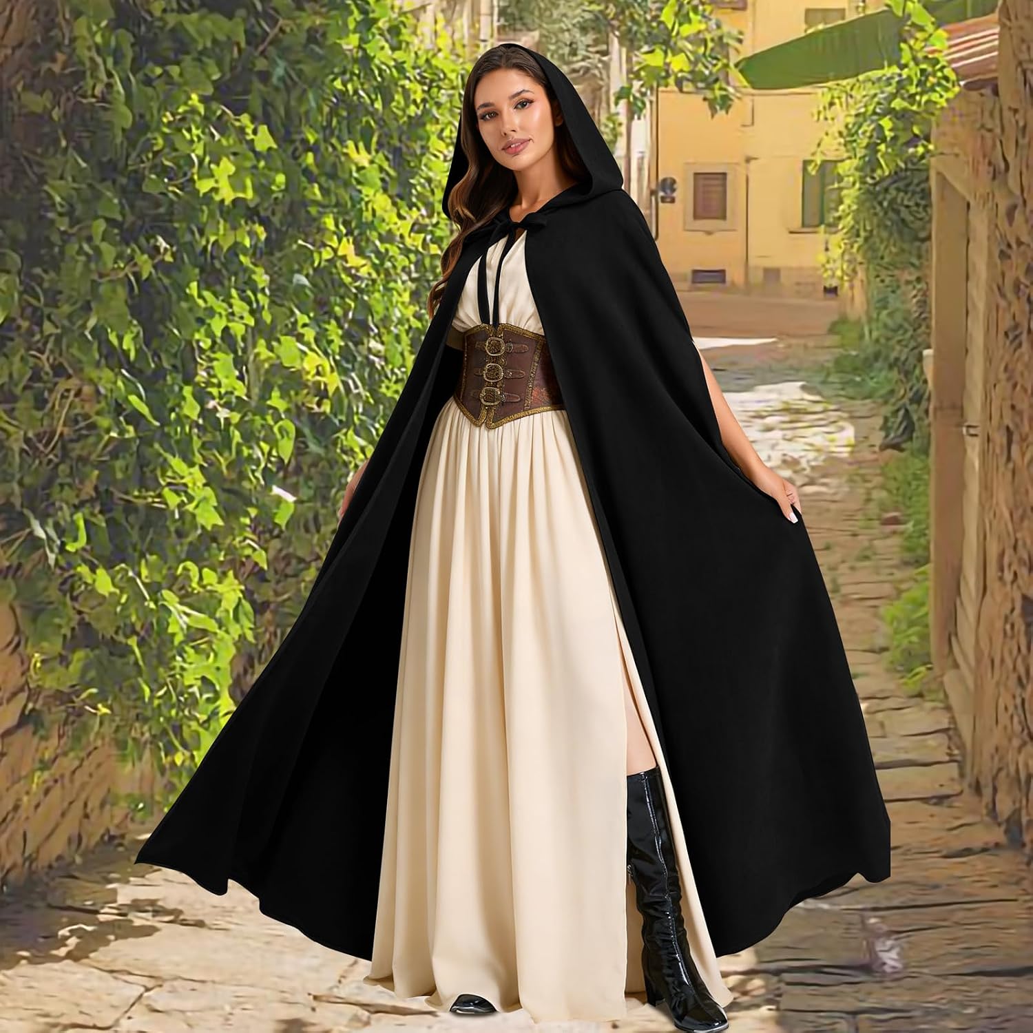 Renaissance Cloak with Hood- Medieval Women Hooded Cape with Arm Holes for Halloween Cosplay