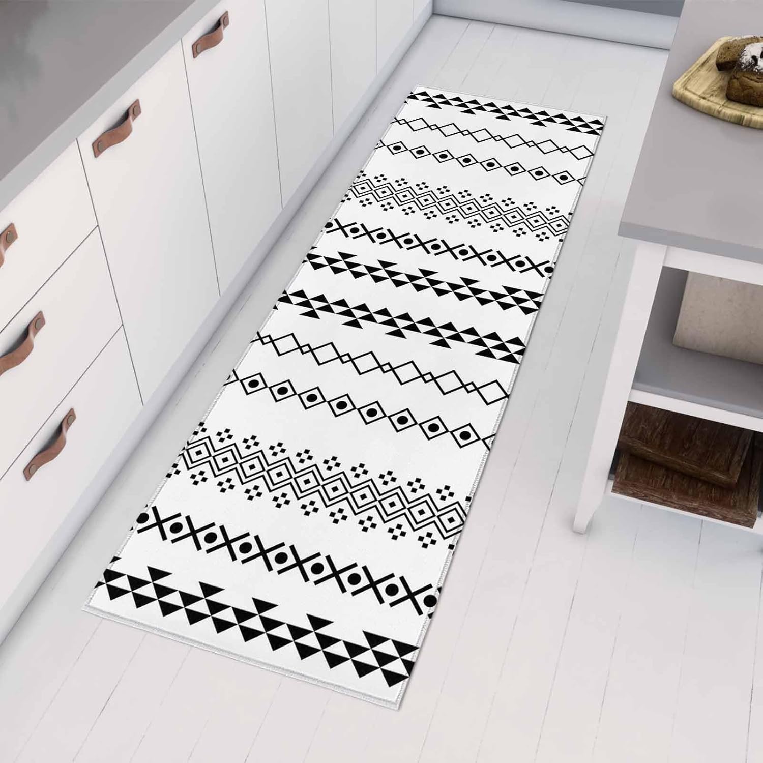 Teamery Kitchen Mats for Floor Boho White Black Geometric Pattern Washable Non Slip Kitchen Rugs 1PCS, Minimalist Ethnic Style Absorbent Standing Mats for Sink Bathroom Office Living Room 15.7x47.2in
