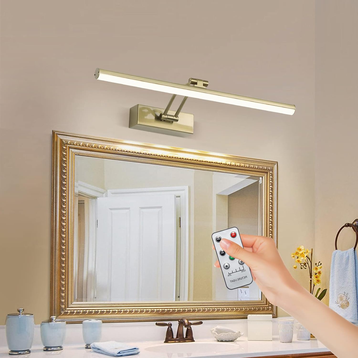 FUNCHDAY Wireless Picture Lights,Rechargeable Battery Picture Light for Paintings with Remote, Dimmable Dartboard Light with Timer,16“ Full Metal Art Light for Wall Frame Portrait Anque Brass