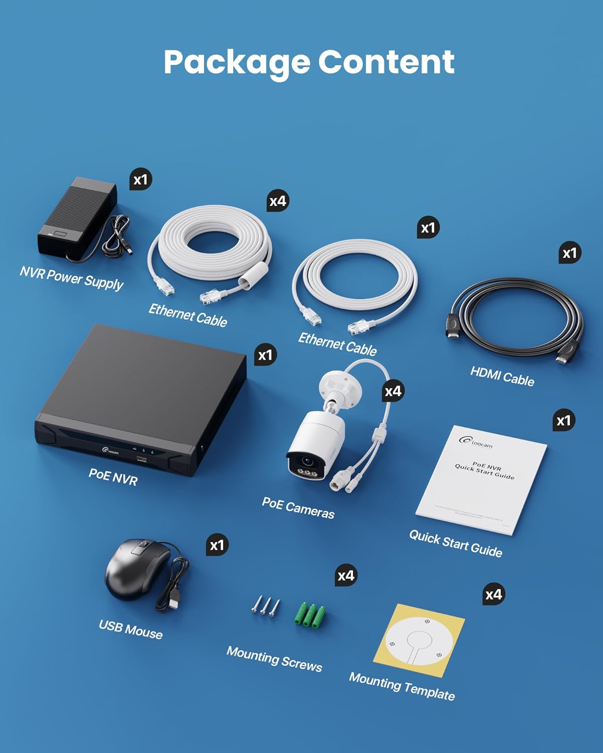 All components of the Loocam PoE Security Camera System laid out