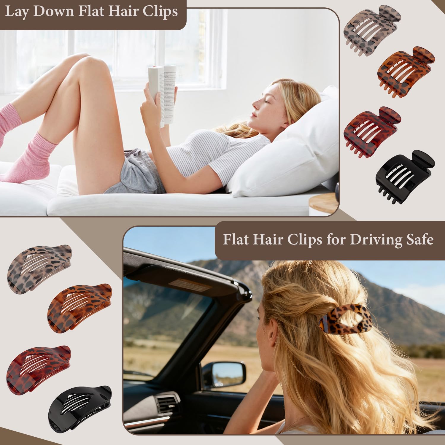 Flat Hair Clips Large Claw Clips for Thick Medium Thin Hair 8Pcs Square and Round Oval French Barrettes Duckbill Accessories for Women Girls Leopard Tortoise Shell Color - Image 5