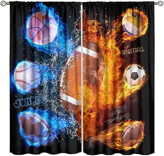 Basketball Ball Kids Curtain in Basketball Ball Fire Water American Football Cool Men Teens Room Decoration Rod Pocket Window Treatment for Boys Bedroom 21x45in,2 Panel Set