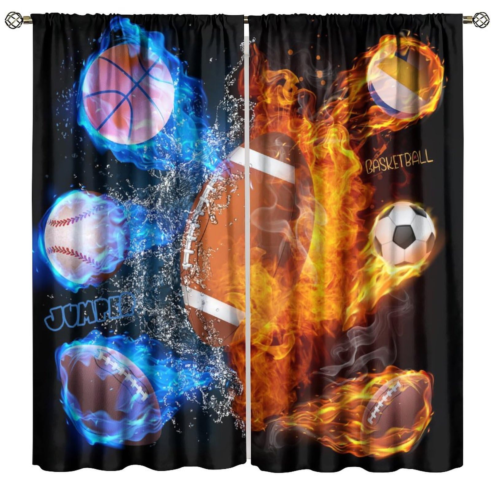 Llylumty Basketball Ball Kids Curtain in Basketball Ball Fire Water American Football Cool Men Teens Room Decoration Rod Pocket Window Treatment for