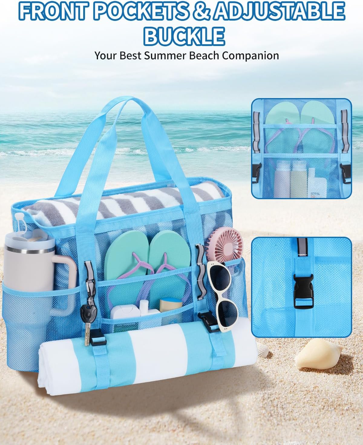 WANDF Mesh Beach Bag for Women, Large Beach Tote Bags with 40oz Tumbler Side Pockets, Family Pool Bag for Swim Toys Towels Cruise Vacation Essentials (Blue) | Breathable - Image 6