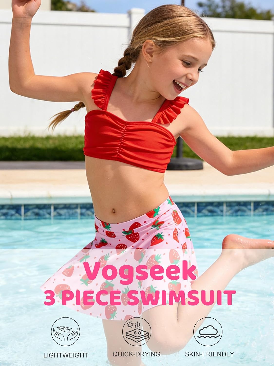 Vogseek Girls Swimsuit 3-8T Quick Dry Bathing Suit 3 Piece Bikini Sets with Cover Up Skirt Swimwear with Adjustable Strap
