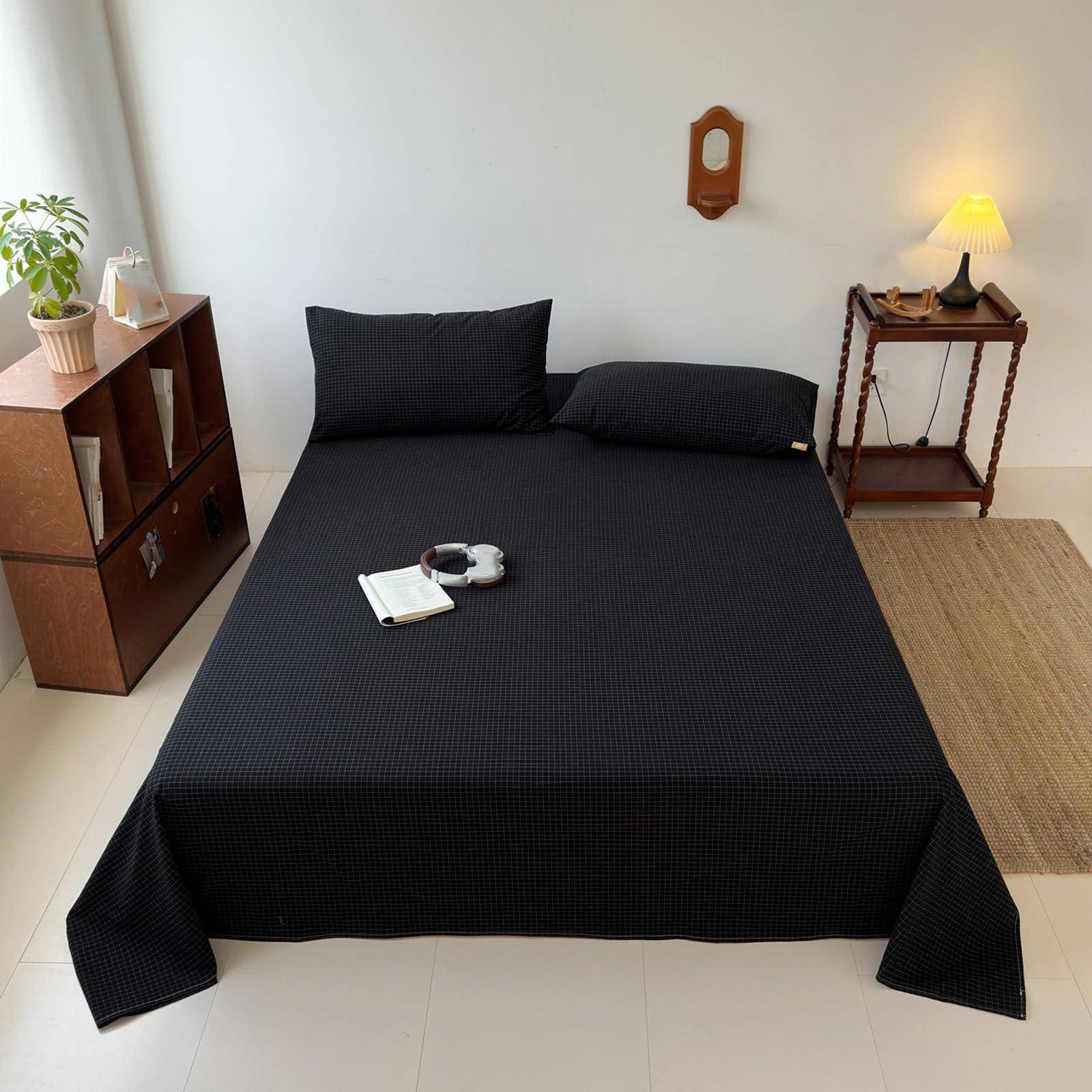 Bettlaken ohne Gummizug 245x270cm | Baumwolle,Extra großes Bettlaken,Gingham,Sommerlaken，weiches und atmungsaktives,mit 2 x Kissenbezug von 50 x 75 cm