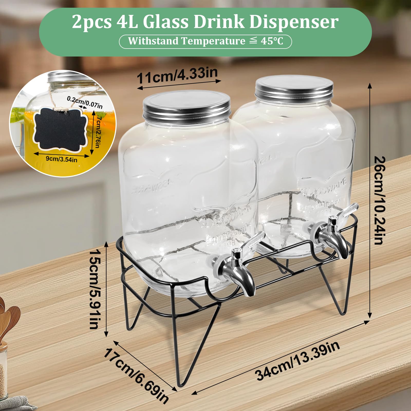 Hisredsun 2 x 4L Dispensatore di bevande in vetro per acqua e succo di frutta con supporto in metallo, brocca d'acqua con rubinetto perfetto per feste, matrimoni, compleanni