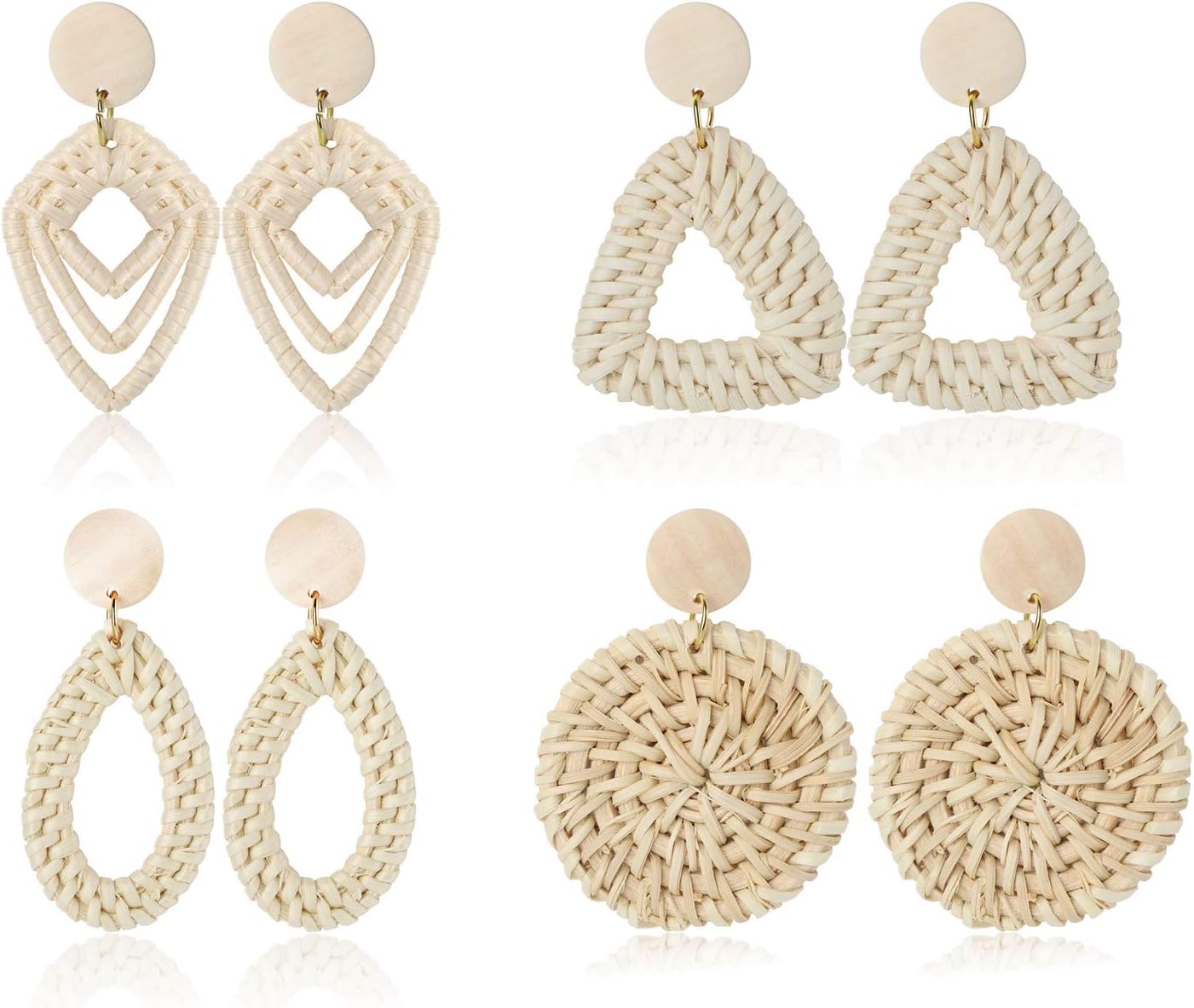 FINREZIO 4 Pairs Rattan Dangle Earrings for Women Lightweight Bohemia Straw Wicker Braid Nature Brown Woven Geometric Statement Earring Set Handmade Jewelry