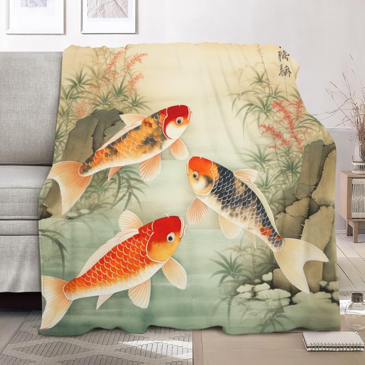 Koc polarowy i flanelowy koc 180 x 200 cm - styl chiński karp koi artystyczny puszysty i lekki koc do łóżka, sofy, kempingu i podróży, malowany, bardzo miękki ciepły koc na sofę