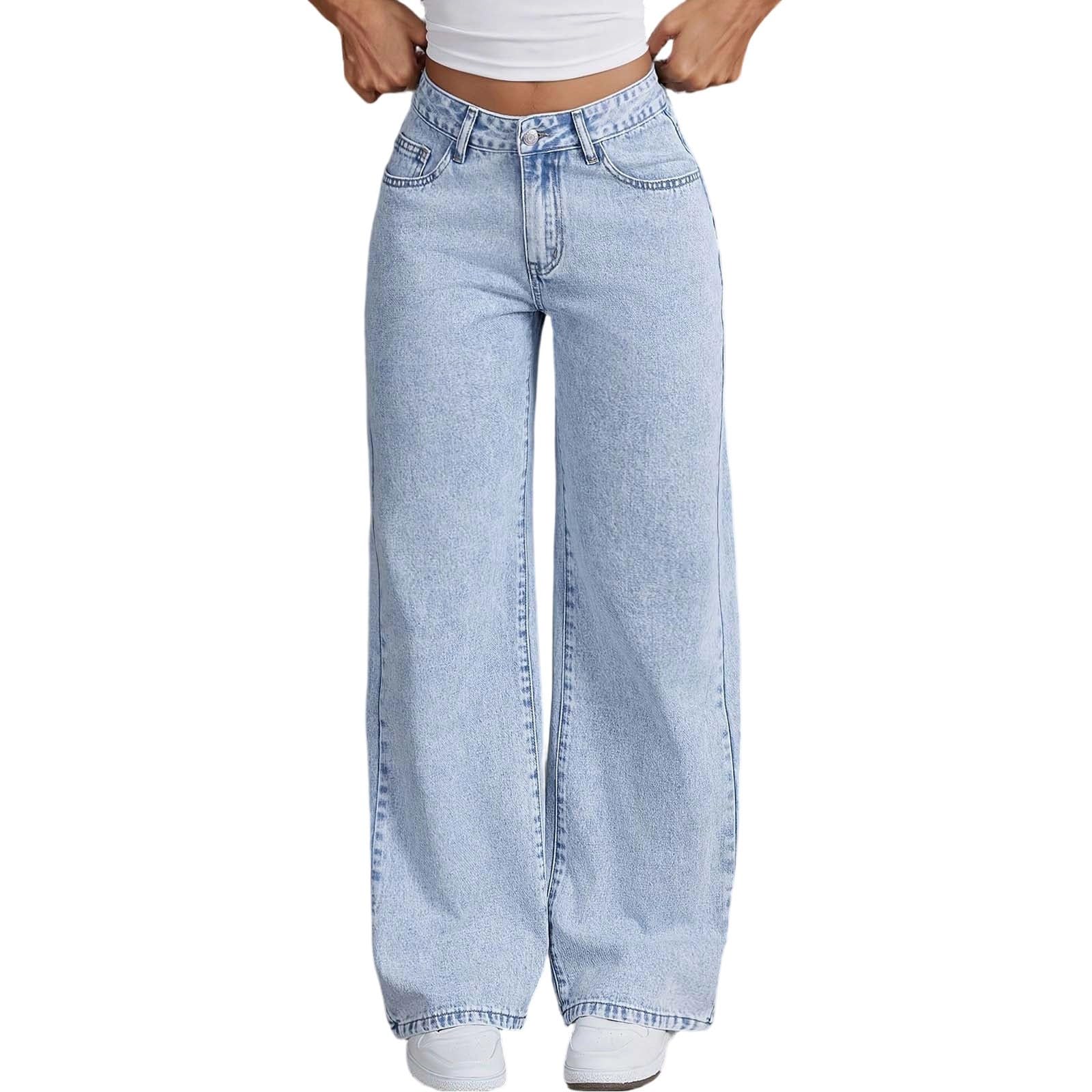 Pantaloni in Denim a Vita Alta Svasati per Ragazze Adolescenti con Tasche Posteriori Ricamate e Lavaggio a Fiocco di Neve, Design a Gamba Larga, Comodi Jeans Elasticizzati, Pantaloni Casual alla Moda