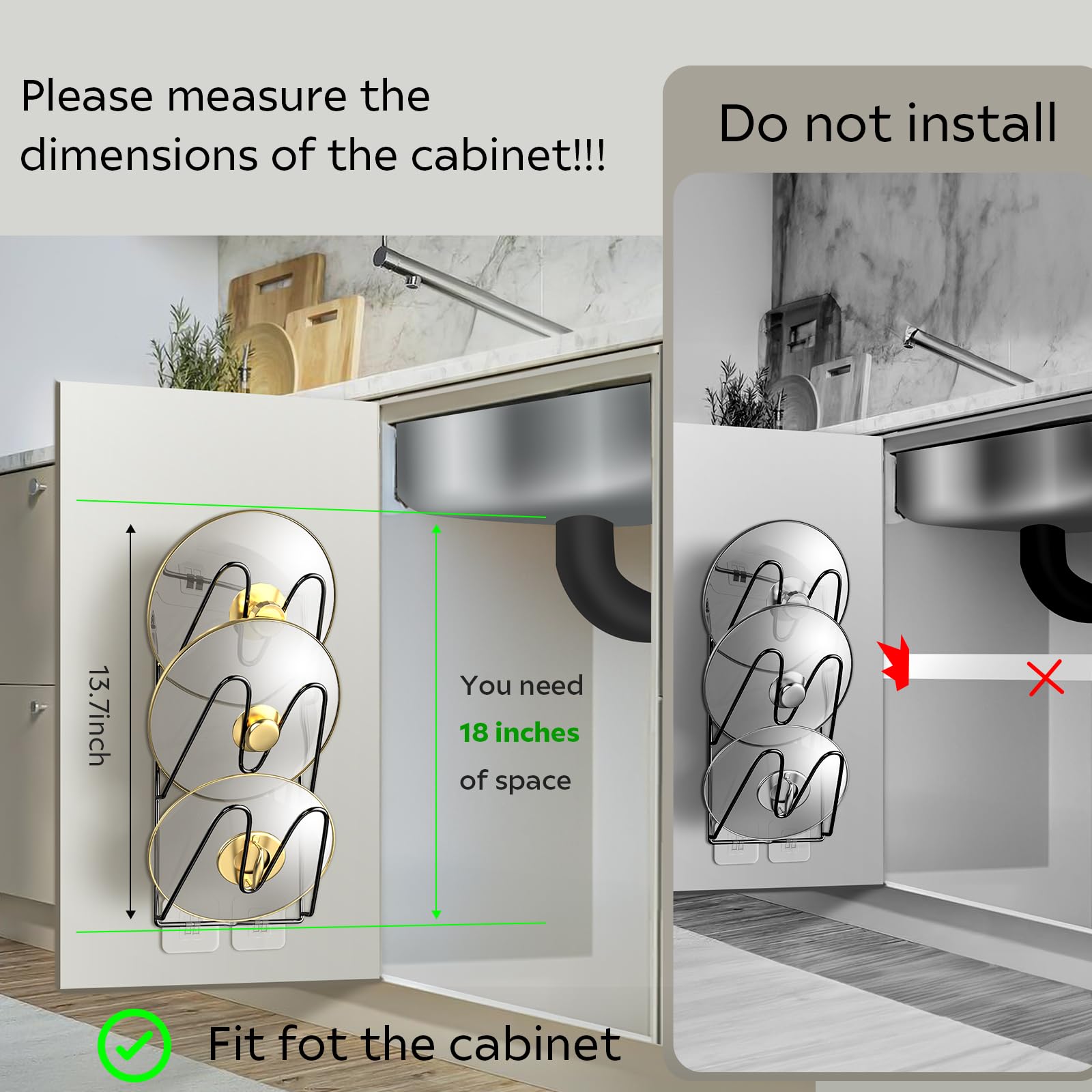 Paquete de 2 organizadores de tapas de ollas, organizador de 6 niveles para ollas y sartenes dentro del armario o pared/puerta, montaje adhesivo sin taladrar para almacenamiento de cocina