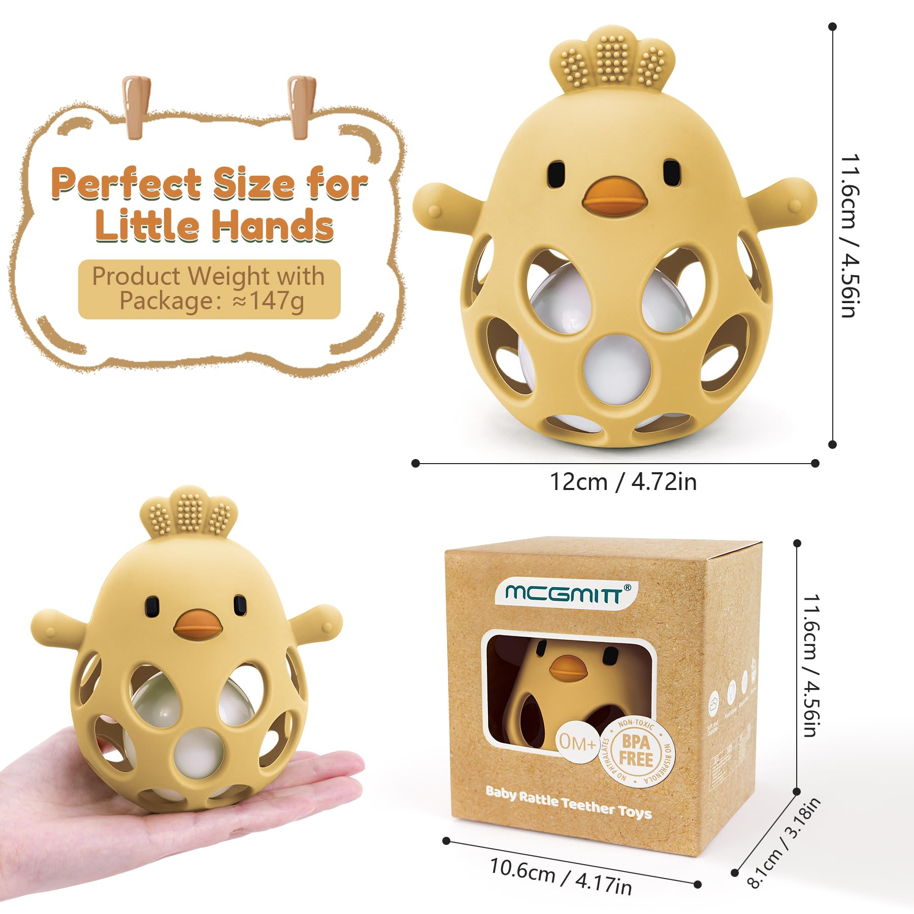 MCGMITT Palla presa Con Sonaglio – Massaggiagengive in Silicone BPA-free per Neonati, Giocattolo Sensoriale Montessori a Forma di pollo per Dentizione e Sviluppo Precoce 0-24 Mesi Bambini – Giallo