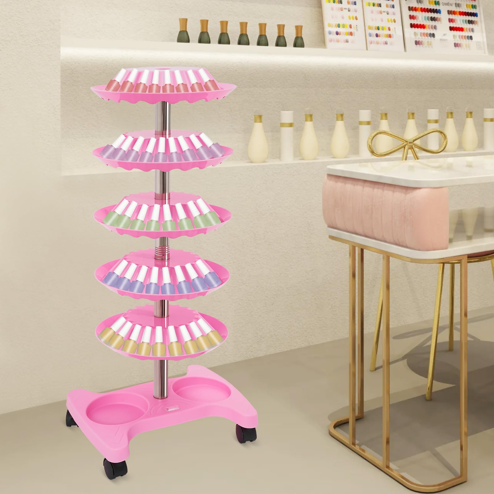 Nail Polish Trolley Organizer, Nail Polish Spinning Rack Display Stand with Wheels, 5 Tiers Display Rolling Cart for Nail Salon Pedicure Spa Business Home Use (Pink)
