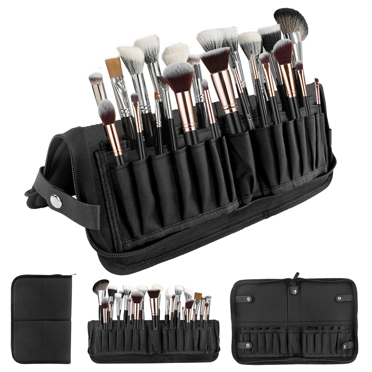 Makeup Brush Pouch, Professional 29-Slot Organiser for Makeup Artists and Travel, Durable Brush Holder with Elastic Pockets, Compact Storage Solution in Black-picture-49