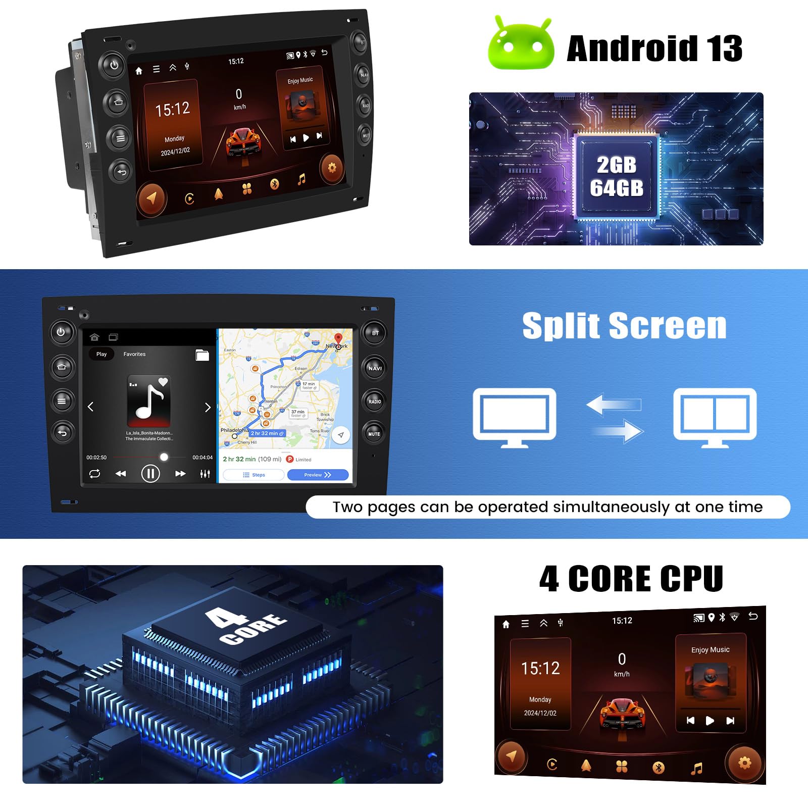 2G+64G GOHHDL Android 13 Autoradi für Renault Megane 2 2002-2009 mit Carplay Android Auto, 7 Zoll Touchscreen Radio mit Bluetooth GPS FM/RDS WiFi SWC Rückfahrkamera & MIC