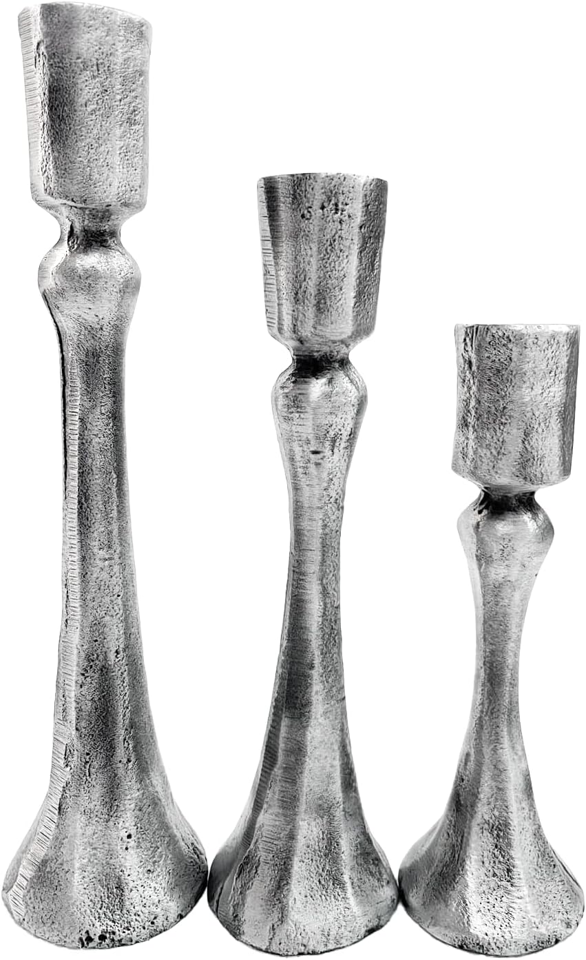 Yair Emanuel Rustic Metal Taper Candle Holder Set of 3 – 8.3" 7.1" 5.9" Pillar Candlestick Holders – Decorative Centerpiece for Home Decor Table or Special Occasions (Matte Silver CNO-2)