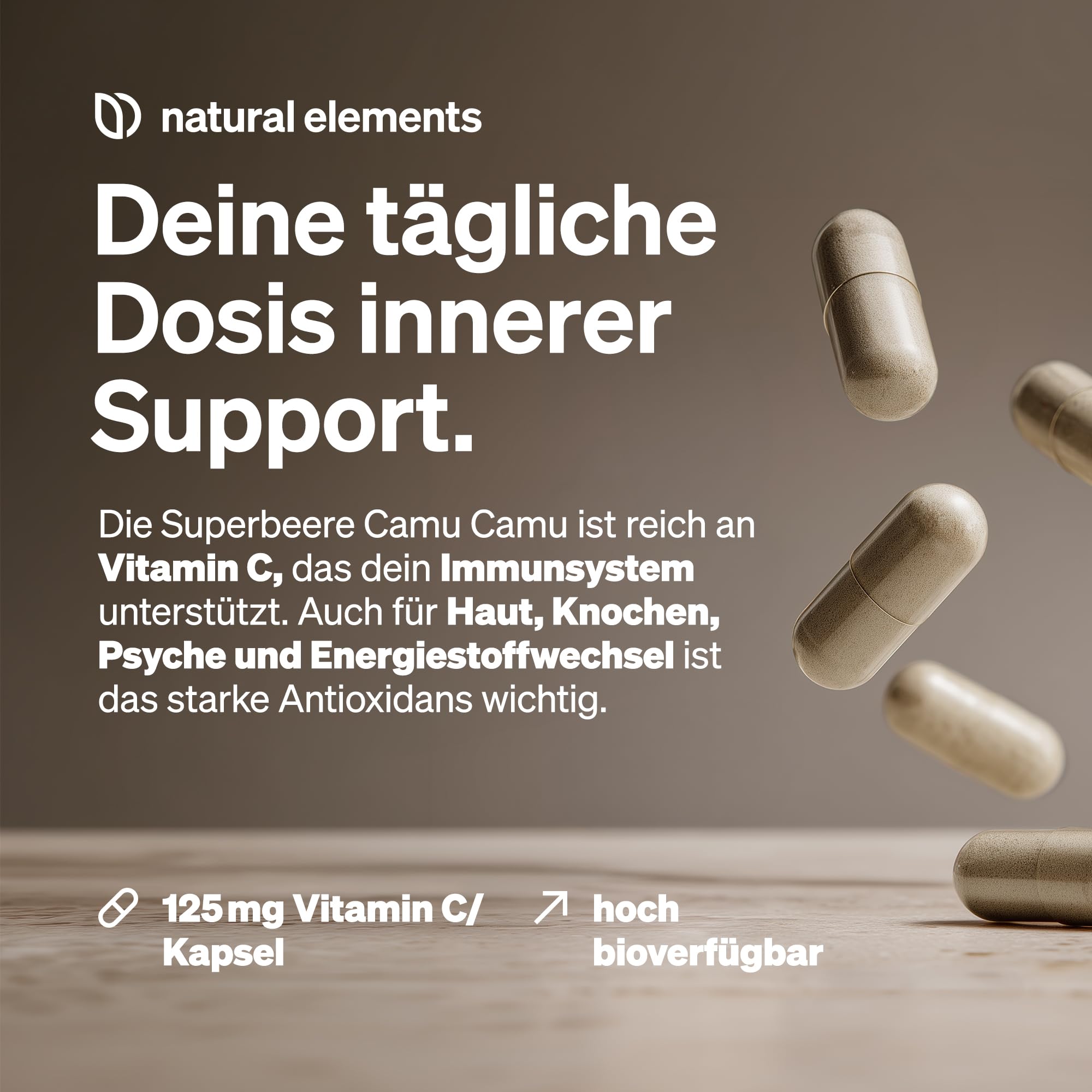 natural elements Camu Camu Extrakt Kapseln – Vitamin C – 180 vegane Kapseln für 6 Monate – 500mg Camu-Camu Extrakt pro Kapsel – ohne unerwünschte Zusätze, in Deutschland produziert & laborgeprüft