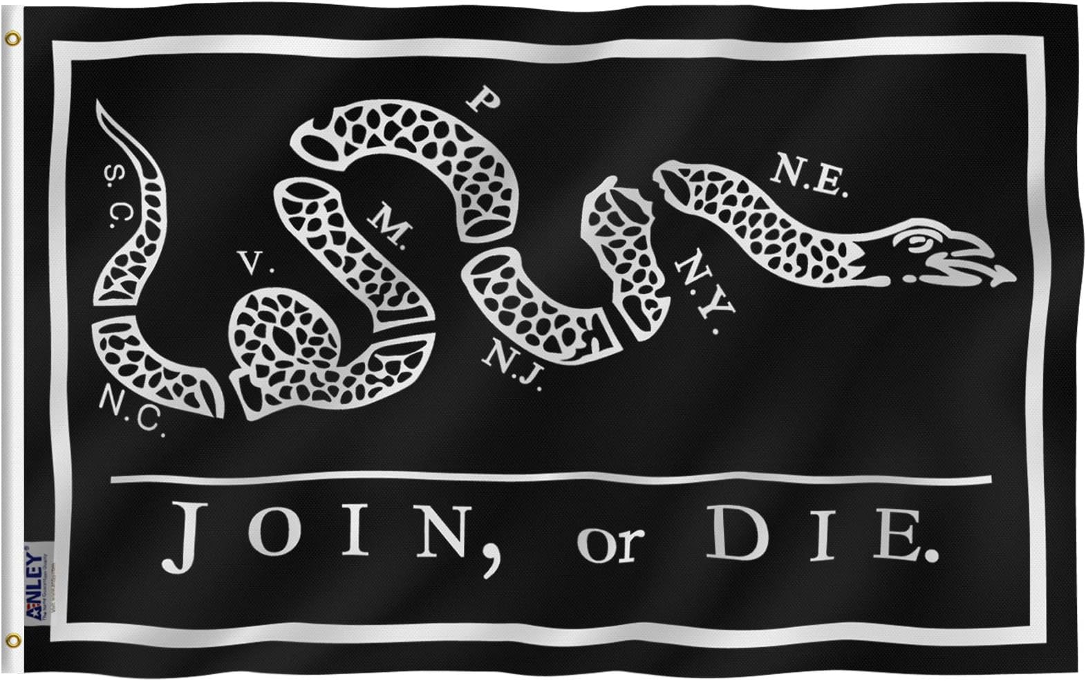 Fly Breeze 3x5 Foot Black Join Or Die Flag - Vivid Color and Fade proof - Canvas Header and Double Stitched - Rattlesnake Flags Polyester with Brass Grommets 3 X 5 Ft