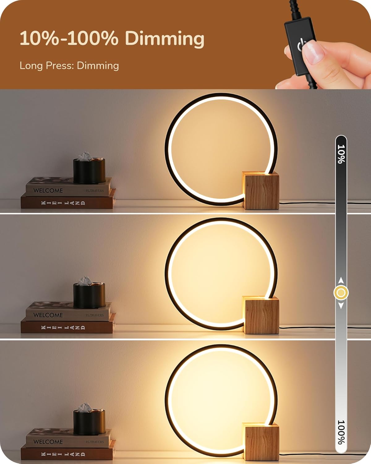 EDISHINE Modern LED Table Lamp, Bedside Lamp with One-Piece Solid Wood Base, 3 Color Temperature & Stepless Dimmable, Nightstand Lamp for Bedroom, Living Room, Reading Room 540LM 12W