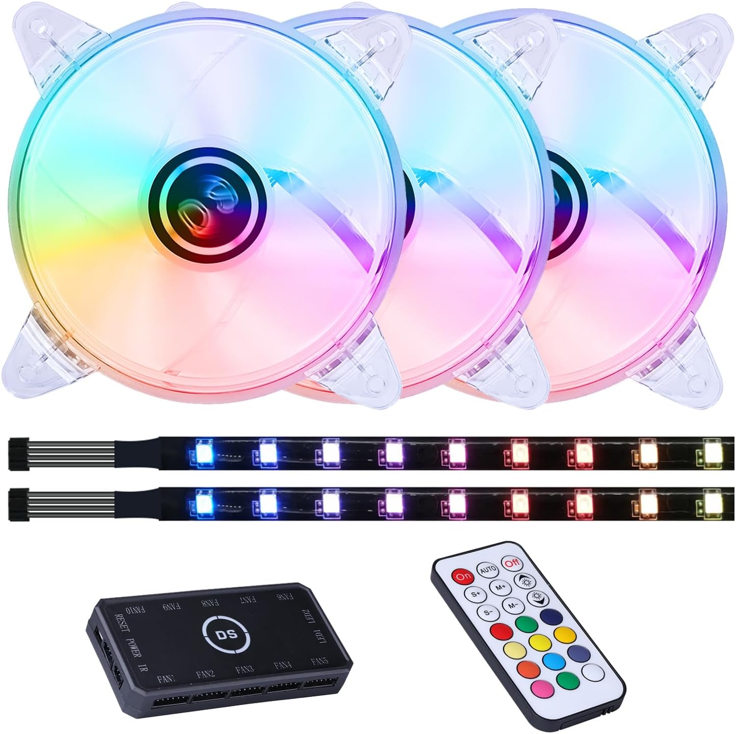 DS Axis LED Addressable RGB 120MM Case Fan with Controller for PC Cases, ATX, M-ATX Tower (3PACK 6Pin RGB Fans, 2PCAK LED Strips, E Series)
