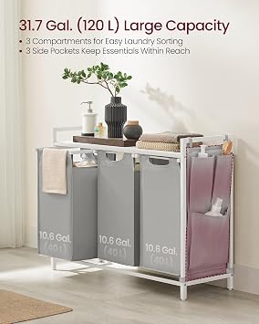 VASAGLE 120 L Laundry Basket with 3 Compartments, 87.7 x 33 x 72 cm